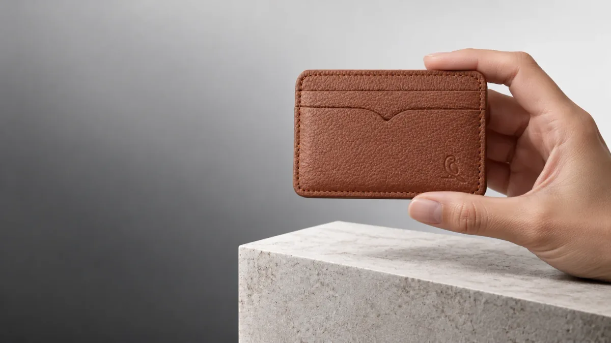 A hand holding Nirvana's tan leather Butterfly Card Holder